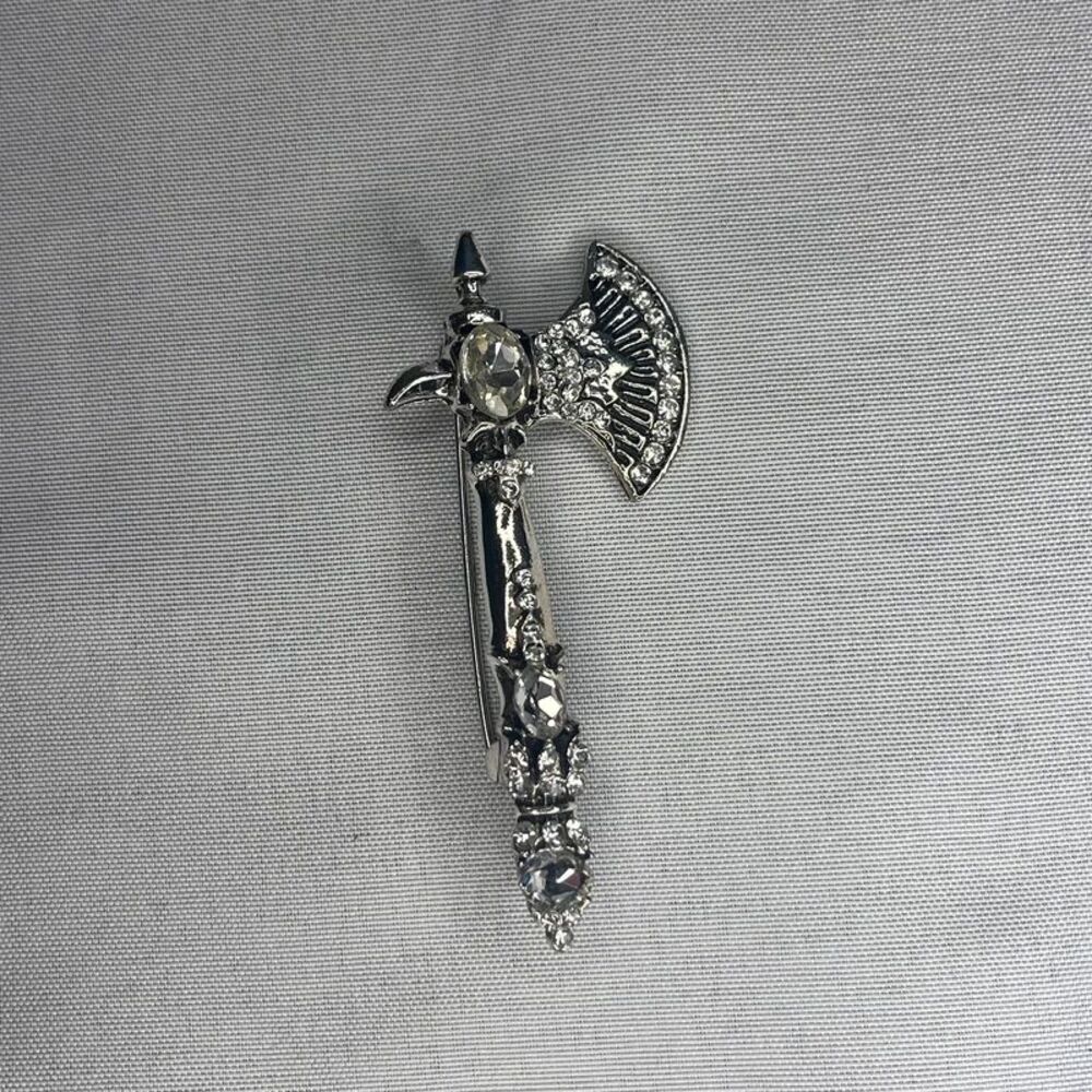 Silver Tone Rhinestone Battle Axe Brooch - Crystal-Encrusted Blade & Handle, Pin